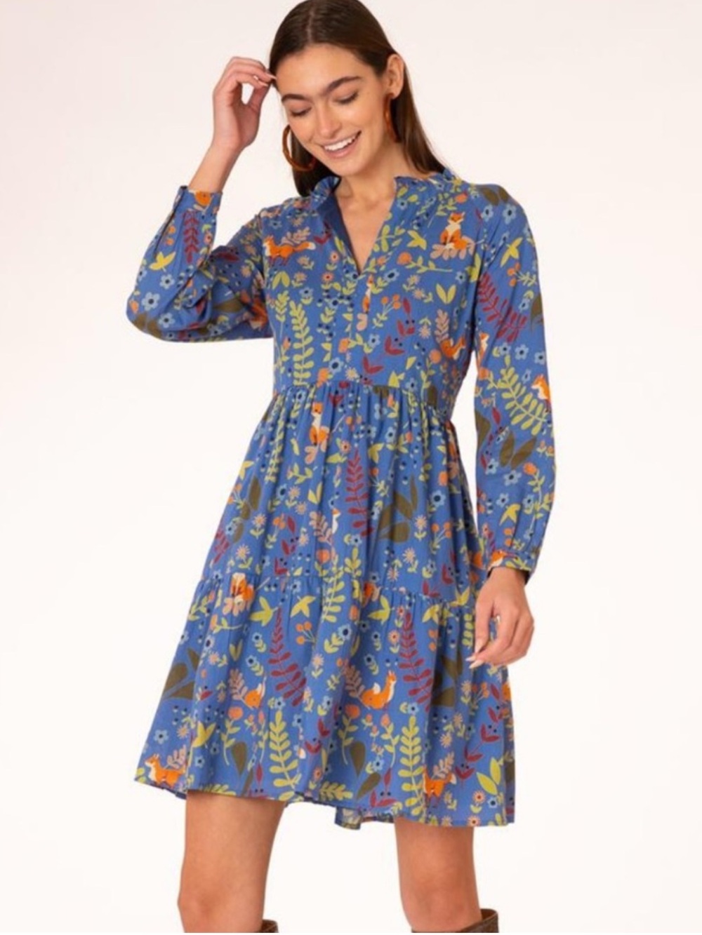 Olivia James The Label 100% Cotton Waverly True Blue Floral Foxes Dress Size L